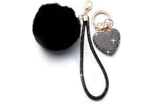 HONYJOOM Cute Heart Keychains for Women, Bling Key chain Accessories Girly Wristlet Keychain for Car Keys, Backpack pom pom