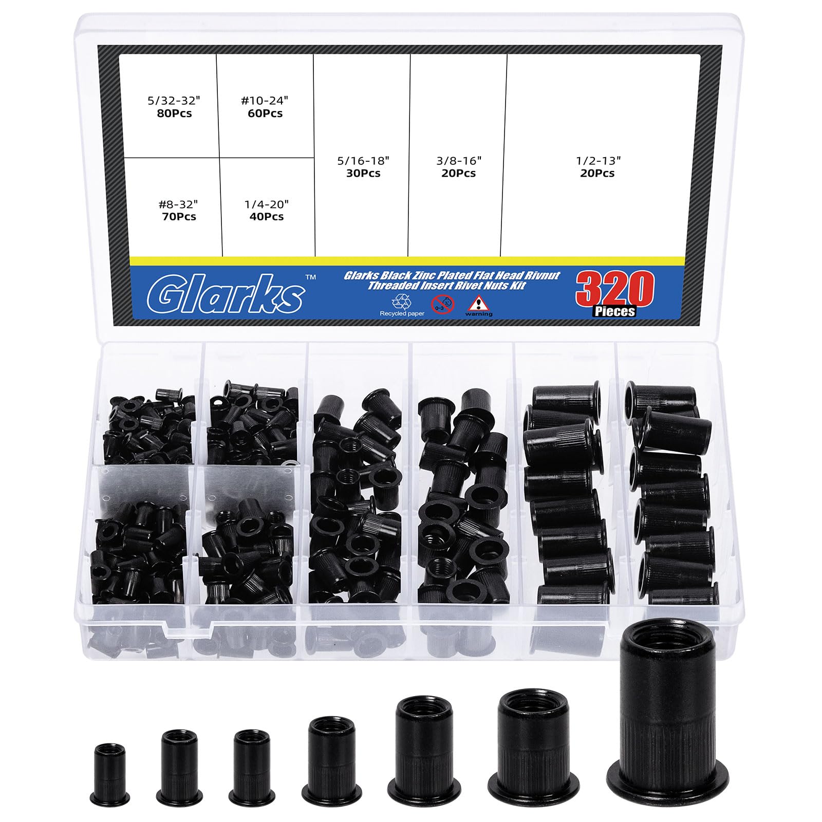 Glarks 320Pcs 5/32"-32UNC 8-32UNC 10-24UNC 1/4"-20UNC 5/16"-18UNC 3/8"-16UNC 1/2"-13UNC Rivet Nuts Kit Black Zinc Plated Carbon Steel Flat Head Rivnut Threaded Insert Rivet Nuts Assortment Set