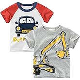 Toddler Boys Tshirts Kids Dinosaur Shirts Boy Striped Animal Car Tractor Summer Tops Clothes 2-7T 2 Pack.