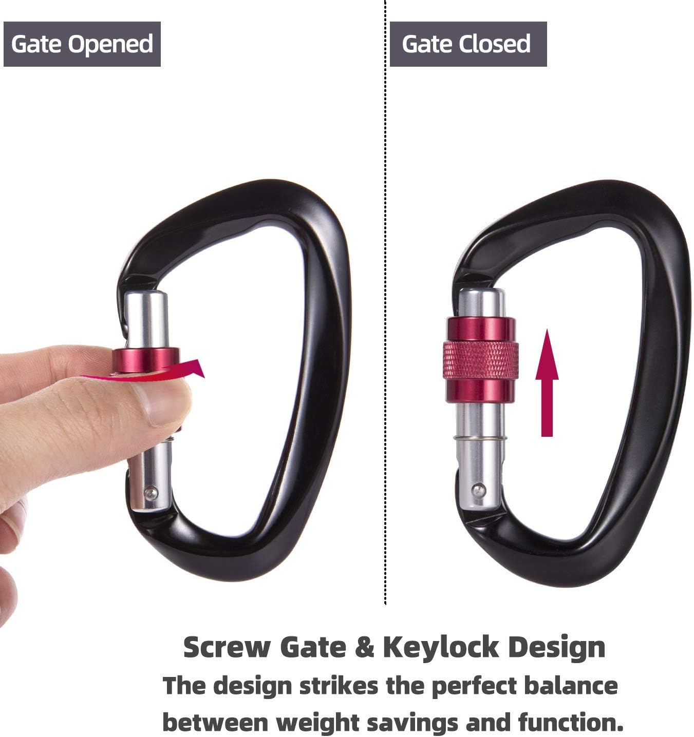 Climbing Locking Carabiner d-Ring Clip, 2 Pack，25KN (5, 511 lbs) Aluminum caribeaners Climbing Gear caribiners Strong Small for Camping, Fishing, Keychain, Outdoor & Gym etc (2 Black) : Sports & Outdoors