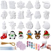 Syhood 24 Pcs Christmas Ceramic Ornaments DIY Crafts | Unpainted Ceramic Set, Santa Snowman Tree Designs, Paints Brushes Palette, Ideal for Holiday DIY Projects Adults