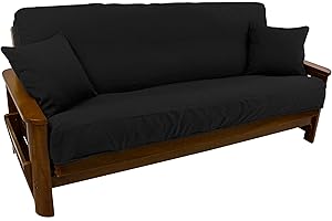 Blazing Needles Solid Twill 8" to 9" Futon Cover Set with 2 Throw Pillows (Set of 3), Full, Black