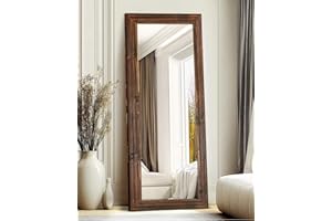 ABSWHLM Full Length Mirror 65"x22" with Stand Solid Wood Frame Floor Large Mirror for Living Room, Bedroom Hanging Standing or Leaning Wall-Mounted, Brown