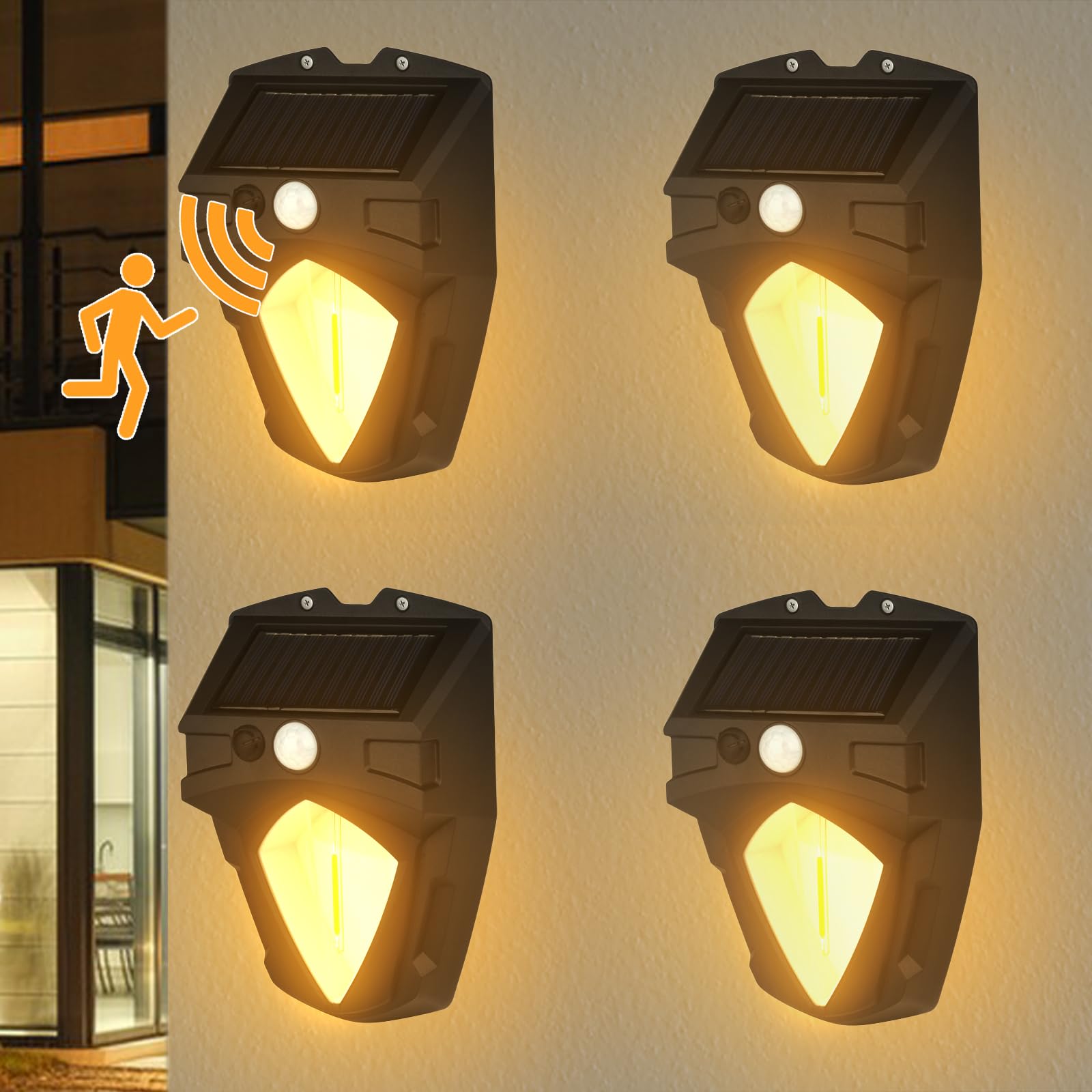 Photo 1 of Lumsoloire Solar Wall Lights Outdoor, Dusk to Dawn Motion Sensor Lights Waterproof, Motion Sensor Solar Porch Lights with 3 Modes, for Patio, Garage, Shed (4 Pack)