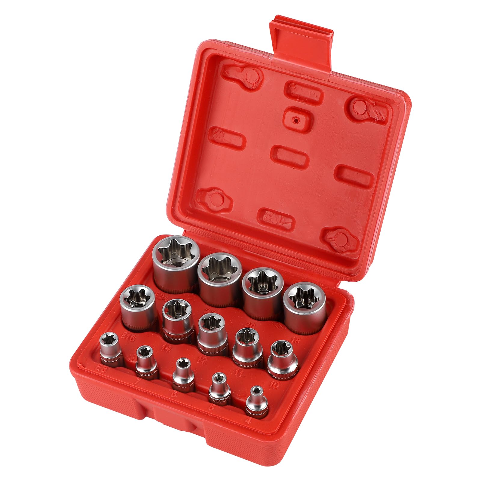 CPROSP Torx Socket Set Female 1/4 Inch 3/8 Inch 1/2 Inch E Torx Profile E4, E5, E6, E7, E8, E10, E11, E12, E14, E16, E18, E20, E22, E24 with Practical Box
