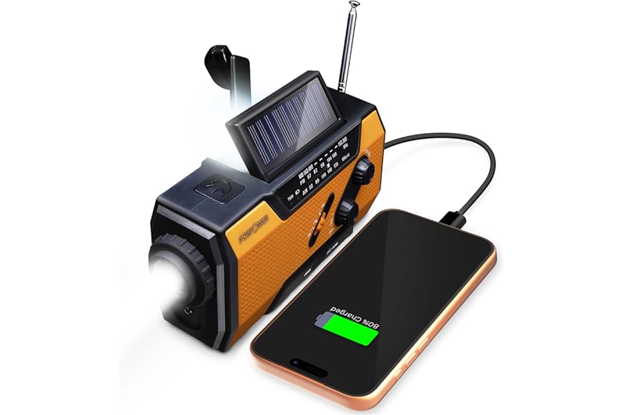 FosPower NOAA Emergency Weather Radio A1 7400mWh Portable Power Bank, AM/FM, USB/Solar/Hand Crank Charging, Battery Operated,