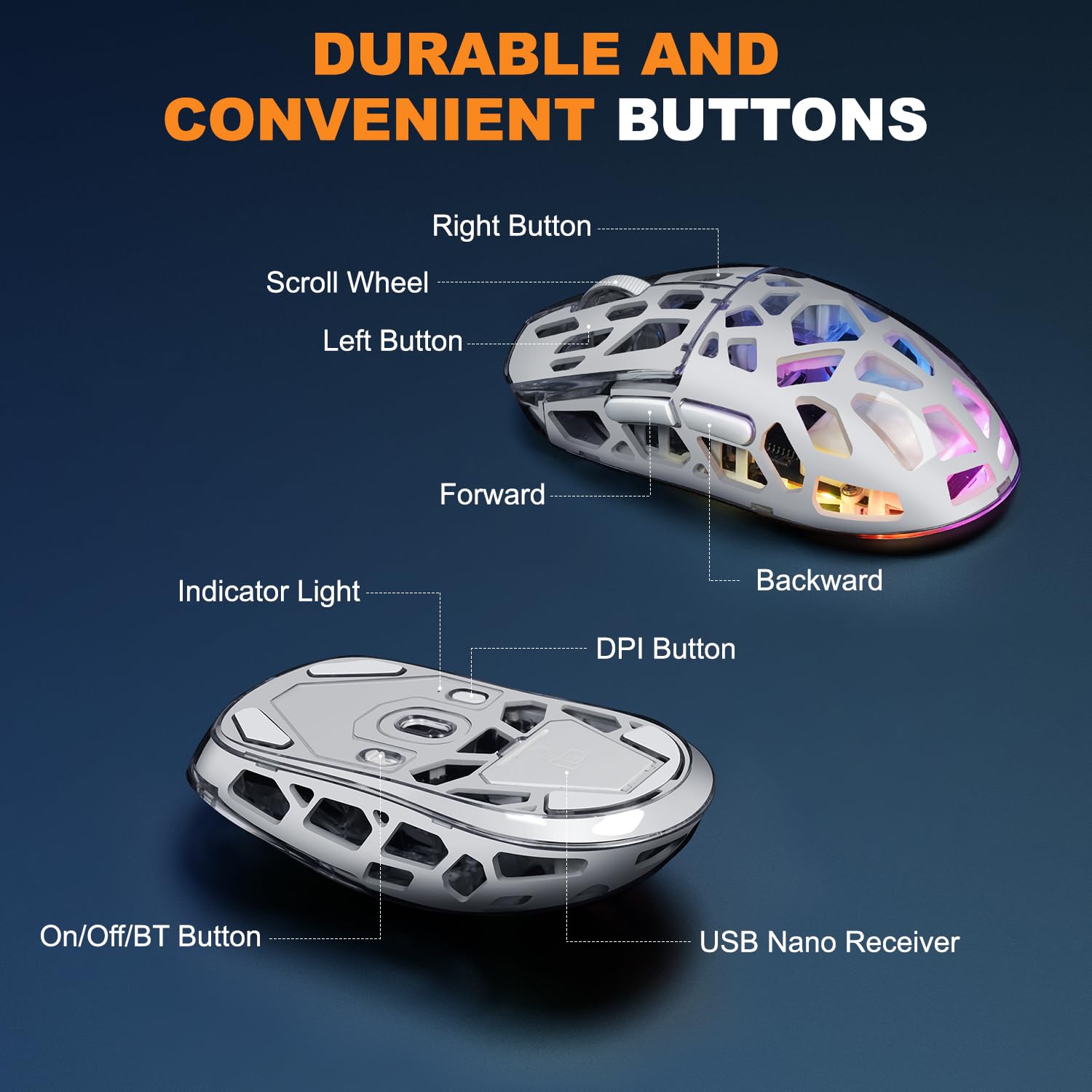 YPBDAN KM-2 Gaming Mouse, Wireless Mouse for Laptop with Transparent Honeycomb Shell, Tri-Mode 2.4G/Type-C/BT 5.2, 11 RGB Lights, 60Hrs Ergonomic Programmable Computer Gamer Mice for Windows PC Mac
