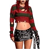 Milumia Women's Y2k Goth Striped Distressed Cropped Sweater Color Block Long Sleeve Knit Crop Tops