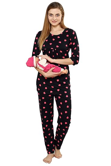 Women's Cotton Printed Feeding/Nursing/Maternity Top and Pyjama Set