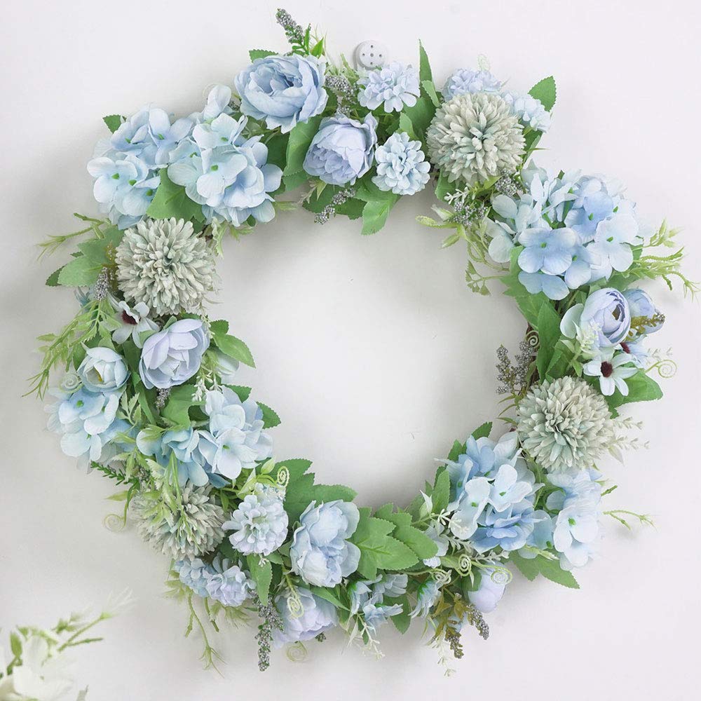 SUREH 15.7inch Artificial Light Blue Hydrangea and Peony Floral Spring Wreath Silk Peony Wreath with Green Leaves Welcome Front Door Wreath for Wedding Wall Home Decor