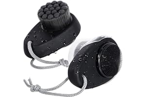 Beomeen Facial Cleansing Brush 2 Pack, 2 in 1 Silicone Face Scrubber for Men Exfoliating Pore Deep Cleansing, Dual Sided Face Wash Brush with Soft Bamboo Charcoal Microfiber and Lid for Women, Black