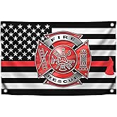 3x5 Feet Firefighter Polyester Flag with 4 Brass Grommets - Fire Department Thin Red Line American Single Sided Flag - Cross Firefighters Flags - Fire Rescue Banners for Outdoor or Indoor