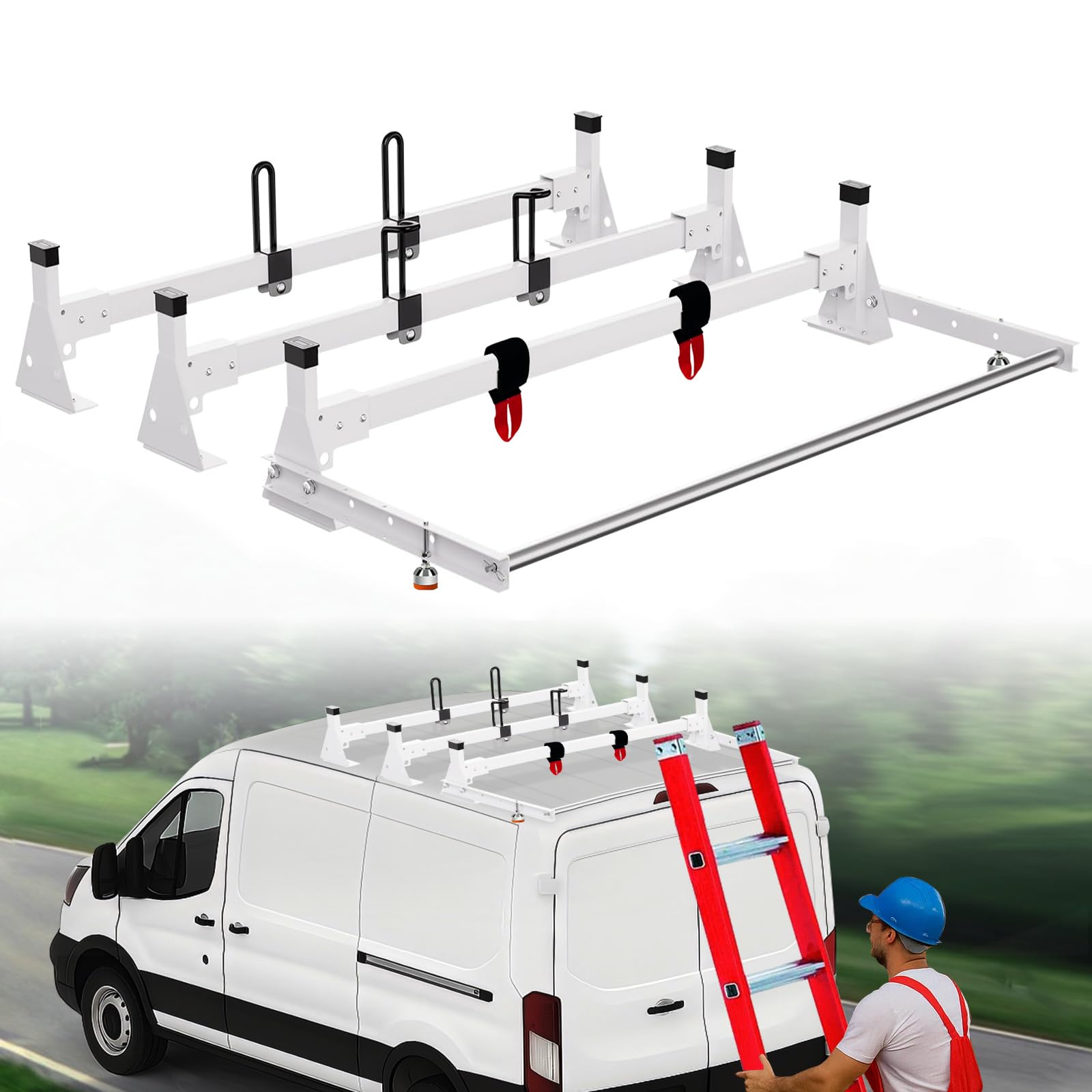 Photo 1 of *** UNKNOWN, MISSING PARTS AND HARDWARE***EONECROSS 54" Cargo Van Roof Ladder Rack with Rear Roller, Heavy Duty Steel Rack with 3 Crossbars, Fit for 2015–2025 Ford Transit 150/250/350, Low/Mid/High Roof Cargo Vans, 820 lbs Load Capacity