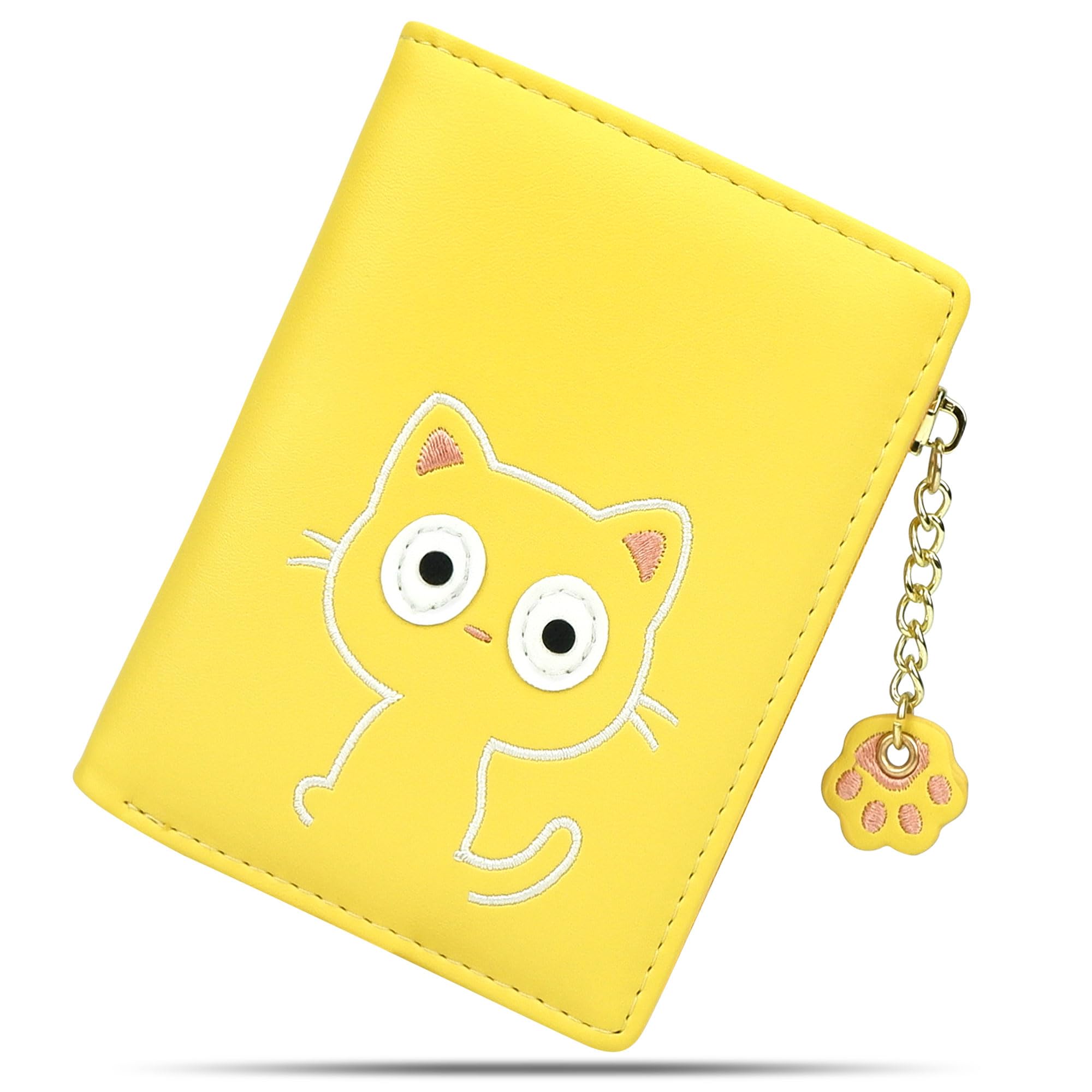 conisy Cute Purses for Women, Bifold RFID Protection Leather Small Wallet with Zipper Coin Purse for Ladies and Girls (cat Yellow)