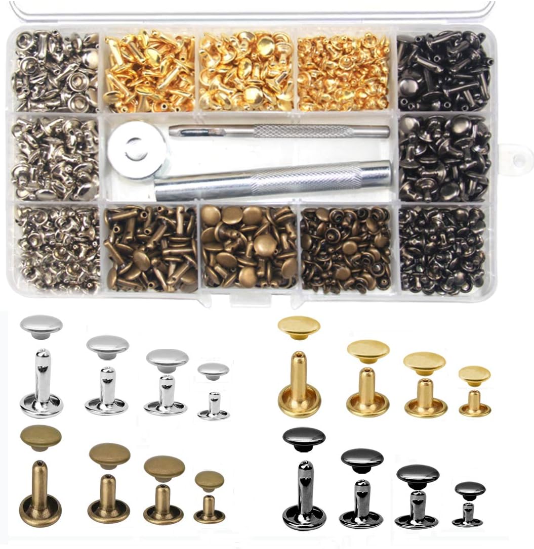 480 Sets 4 Sizes Leather Rivets Double Cap Rivet Buttons Tubular Metal Studs with 3 Fixing Tools Set for DIY Leather Craft Repairs Decoration 4 Colors