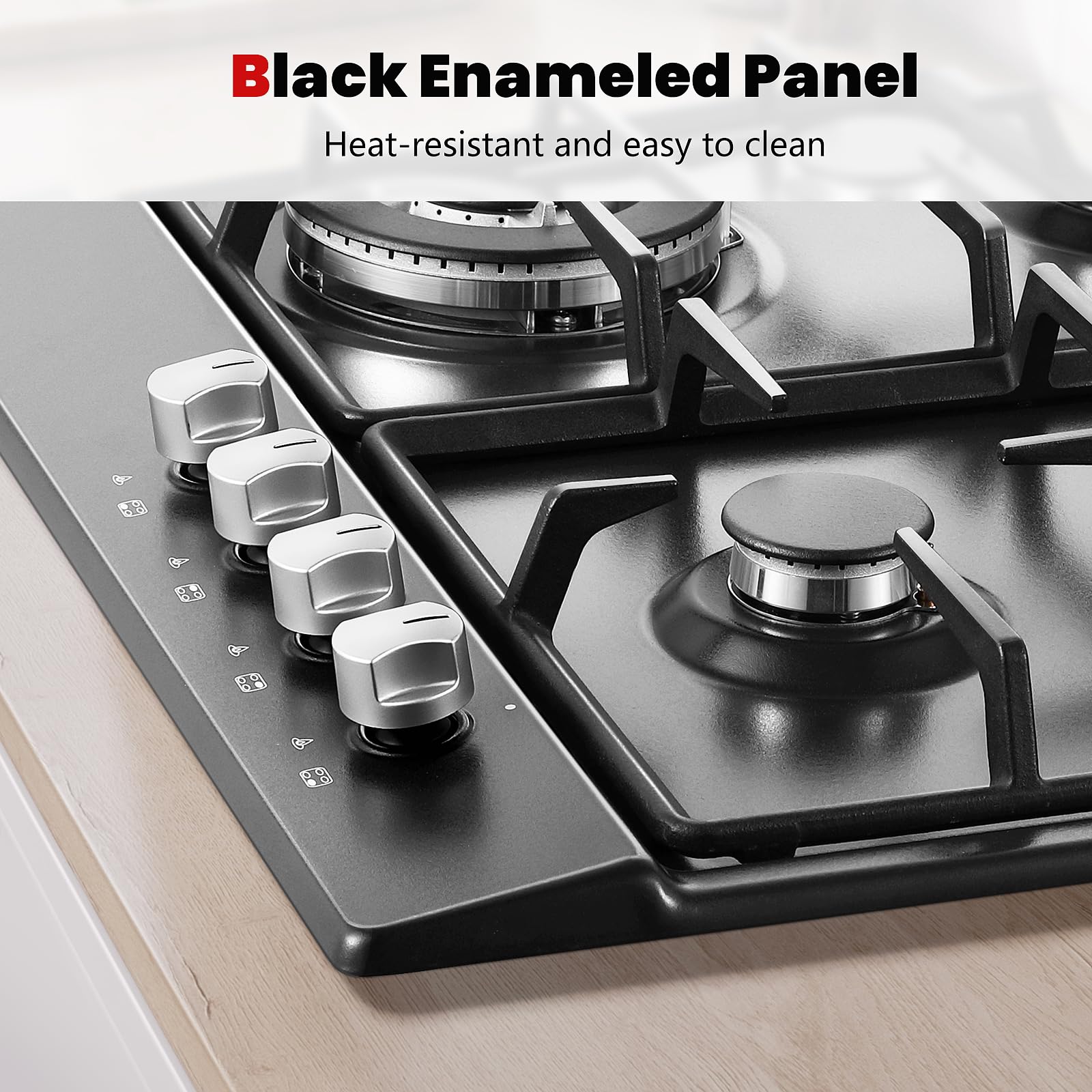 Gas Stove Top 24 inch Eascookchef, 24 inch Gas Cooktop 4 Burner, Bulit-in Stove Top NG/LPG Convertible, Upgrade Black Enamel Propane Cooktop with Thermocouple Protection