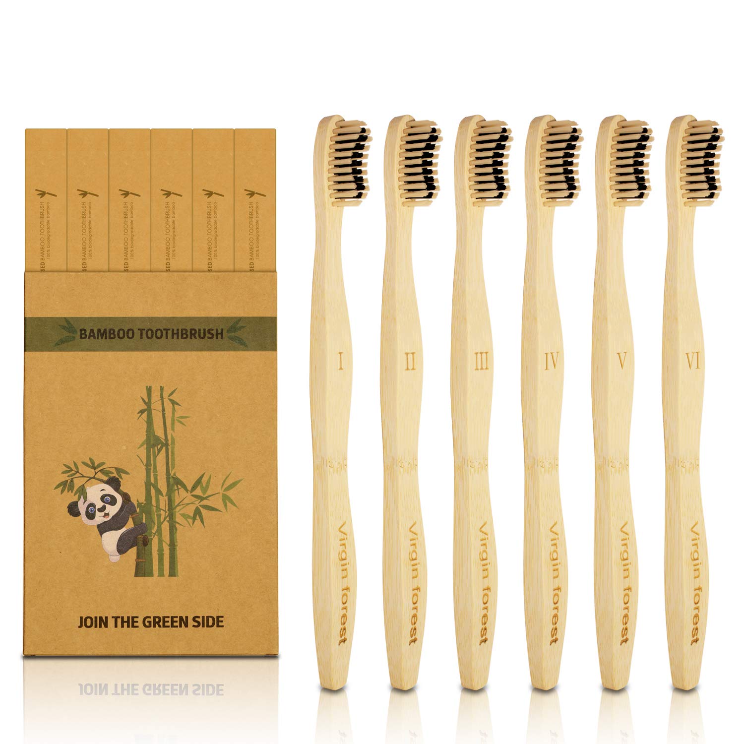 Bamboo Toothbrush, Biodegradable Soft Bristles Toothbrushes, Wooden Toothbrush with Wave-Shaped Two-Color Bristles and Larger Thicker Handle (6 Pcs)
