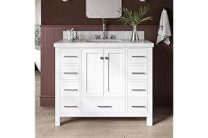 ARIEL Cambridge 43 Inch Single Sink Bathroom Vanity in White, 1.5" Edge Quartz Top, Solid Wood, Rectangular Sink, 2 Soft Closing Doors, 9 Full Extension Dovetail Drawers