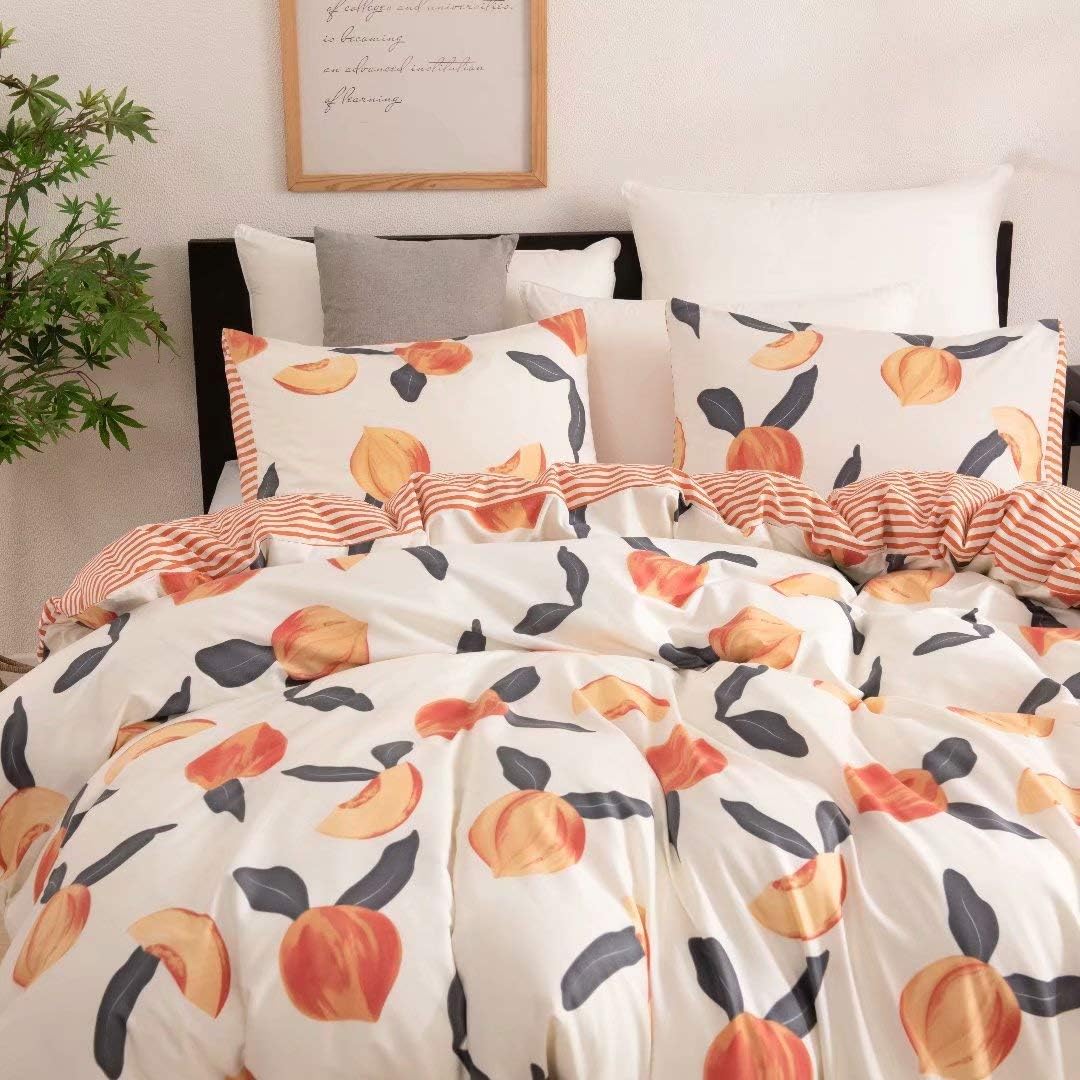 Peach Bedding Cute Queen Duvet Cover Set Soft Striped Duvet
