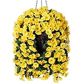 HyeFlora Artificial Fake Hanging Flowers Plants Baskets for Outdoor Outside, Faux Silk Yellow Morning Glory Flowers UV Resistant Look Real Hanging Planter for Home Porch Patio Balcony Yard Decor