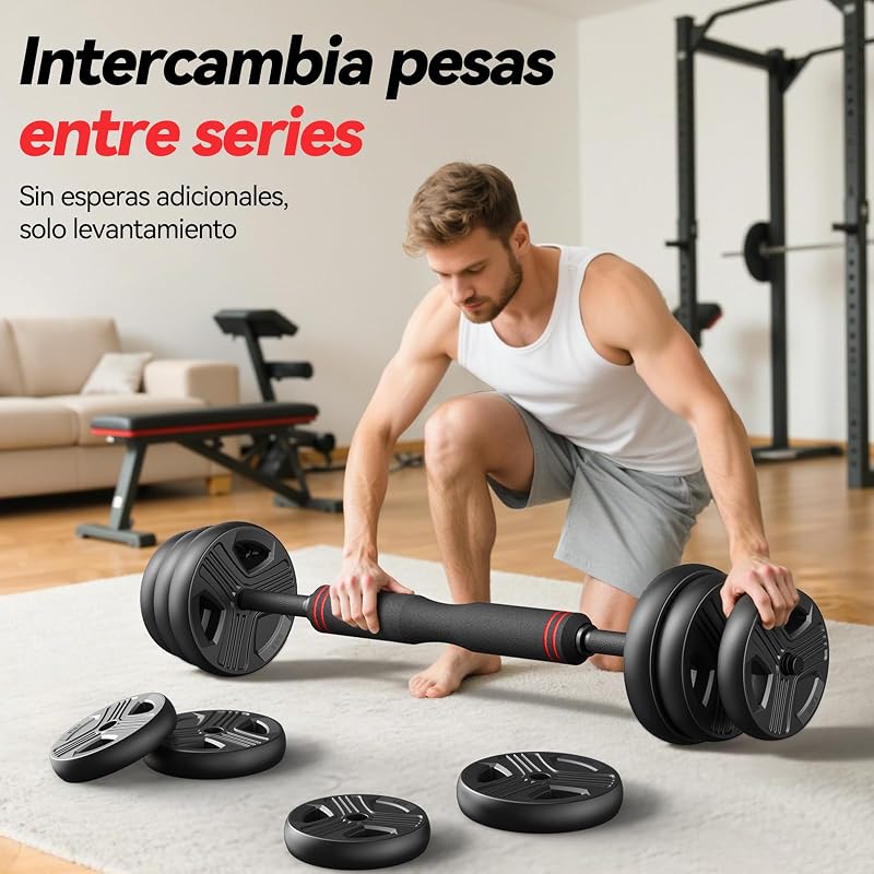 10kg-40kg Juego de Pesas y Mancuernas Ajustables, Kit Pesas 5 en 1 con Barra, Pesas Rusas y Soportes Para Flexiones, Equipo de Entrenamiento Progresivo para Toda la Familia