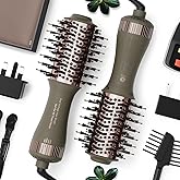 Travel Dual Voltage Blow Hair Dryer Brush 4-IN-1 Portable Mini Hot Air Dryer Straightener & Curler Brush, Titanium Round Blowout Styler Volumizer Tools, 110/240V US/EU/UK Plug for International Travel