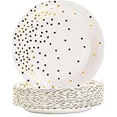 EVYIENEN 50 Pack White and Gold Paper Plates, 7 inch Metallic Foil Polka Dots Disposable Dessert Party Plates Party Supplies for Graduation Birthday Party Weddings Holiday Christmas