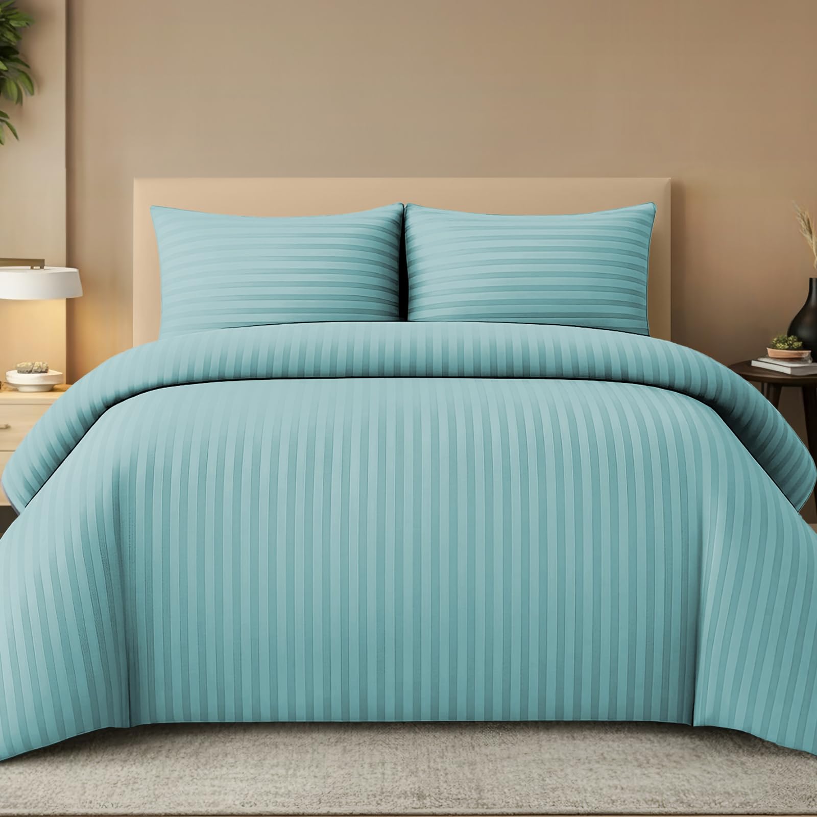 Pamposh Satin Stripe Double Duvet Set - Premium Hotel Quality Quilt Cover Bedding Sets - Hypoallergenic Ultra Soft Microfiber Bed Linen
