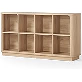 Joaxswe 8 Cube Storage Book Shelf, 52" Long Horizontal Bookshelf with Curved Edge, Floor Standing Wooden Cubby Bookcase with Base, Modern Low Console Book Case, TV Stand for Living Room, Natural Oak