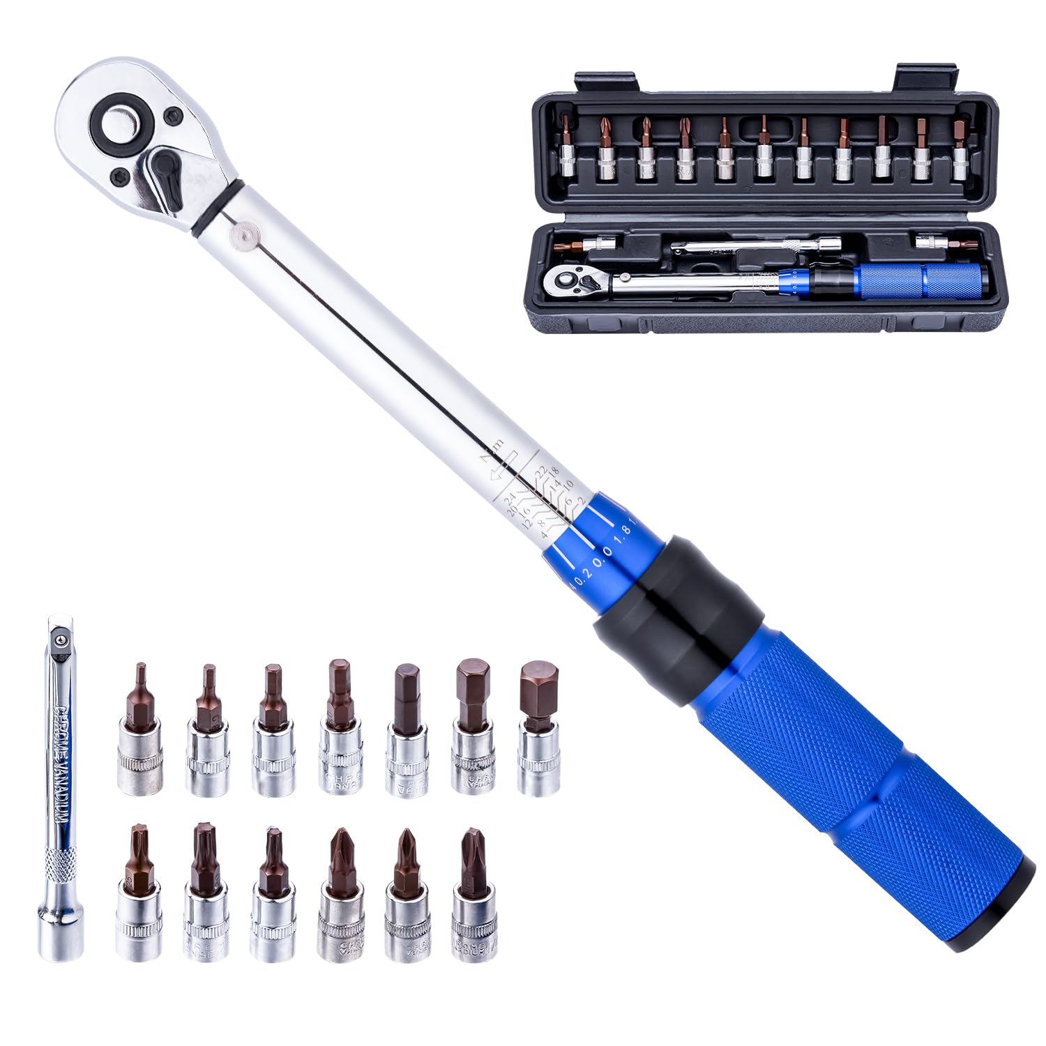 KATSU Tools KATSU 1/4 Inch Drive Click Torque Wrench 15 PCs Set 2-24 Nm 72 Teeth Bike Torque Wrench with Hex & Torx Socket Bits and Extension Bar for Road and Mountain Bicycles Repair