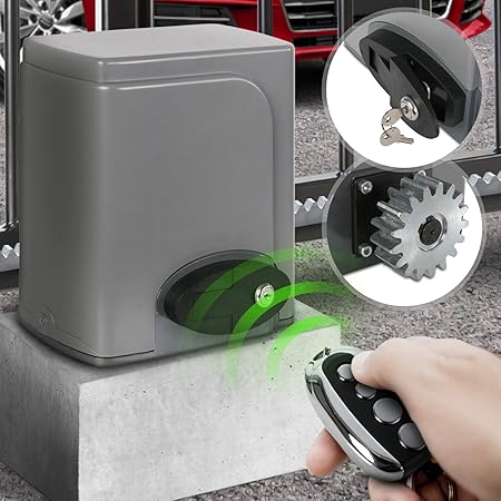 Schiebetorantrieb Set mit 2 Fernbedienungen und Zahnschienen | bis 600 kg Torgewicht, 180 W Motor, Inklusive 4 Zahnstangen | 