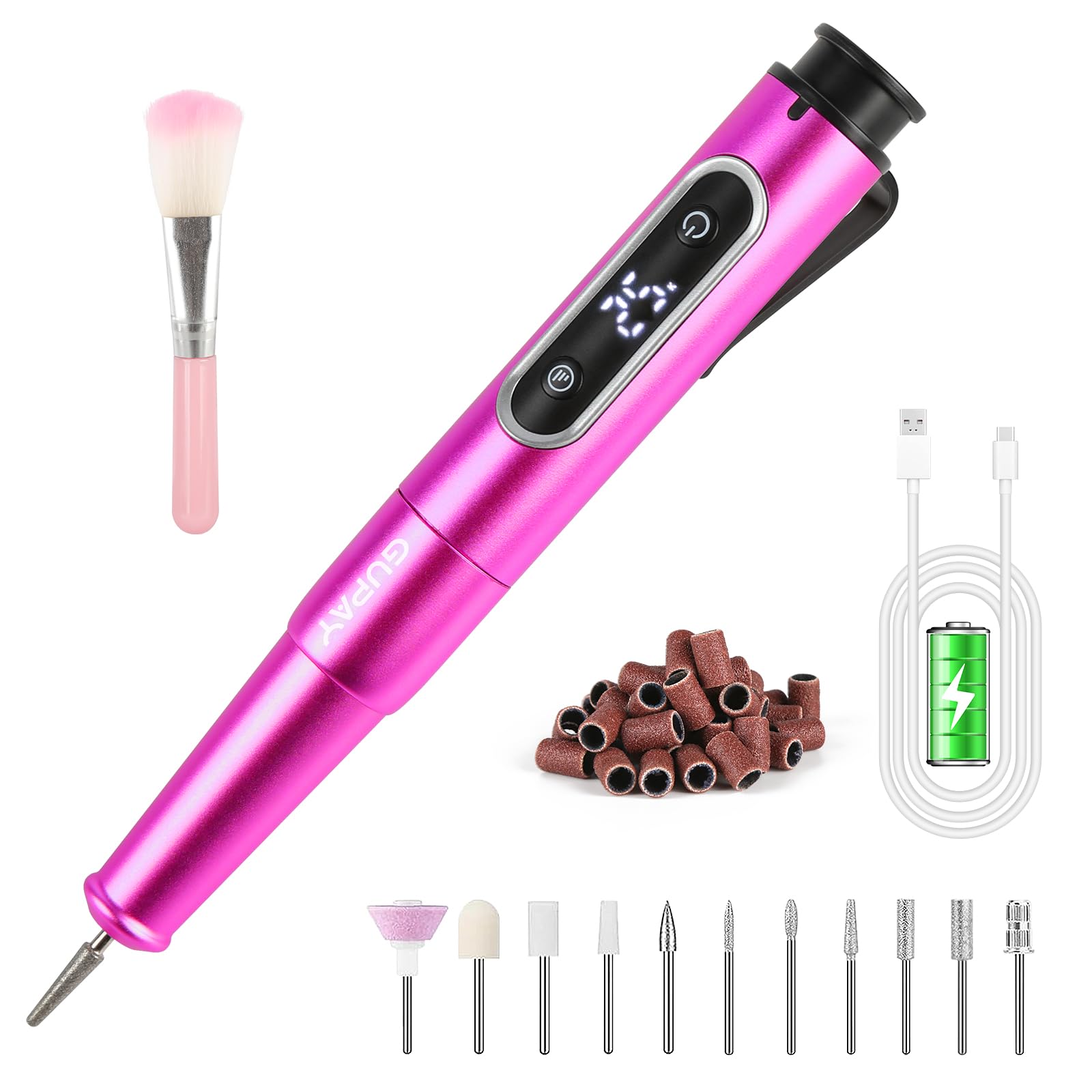 GUPAY Electric Nail Files Cordless, Professional Nail Drill Machine for Acrylic Nails Gel with 5 Speeds, Portable Rechargeable E File Manicure Pedicure Kit Gifts for Girl Women Beginners (Magenta)