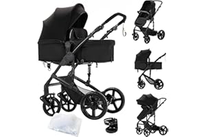 SUTTONBEBE 2 in 1 Baby Stroller Reversible Portable Standard Baby Stroller Convertible Pushchair Infant Buggy Baby Carriage Foldable High Landscape Pram for Toddler Newborn (2US588-BLACK)