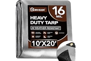 SUNVIGOR Tarp 10x20FT, Extra Thick 16Mil Heavy Duty Waterproof Tarps with Brass Grommets and Reinforced Edges, Tear & Fade Resistant, 100% UV Blocking Outdoor Tarp for Roof Camping Patio Pool Boat (Silver)