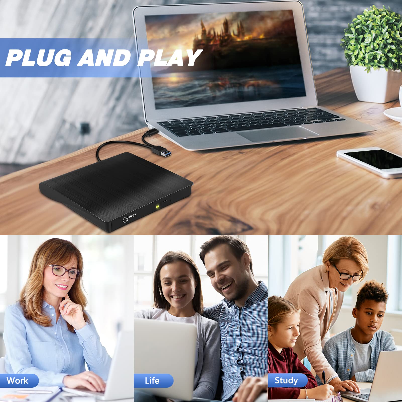 Gotega External DVD Drive USB 3.0 Type C USB C Portable CD/DVD +/-RW Disk Drive External DVD Player for Laptop CD/DVD ROM Burner Reader Compatible with Desktop PC Windows Linux OS Apple Mac