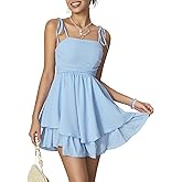 WDIRARA Women's Tie Shoulder Ruched Sleeveless Shirred Layered Ruffle Hem Cocktail Party Cami Dress