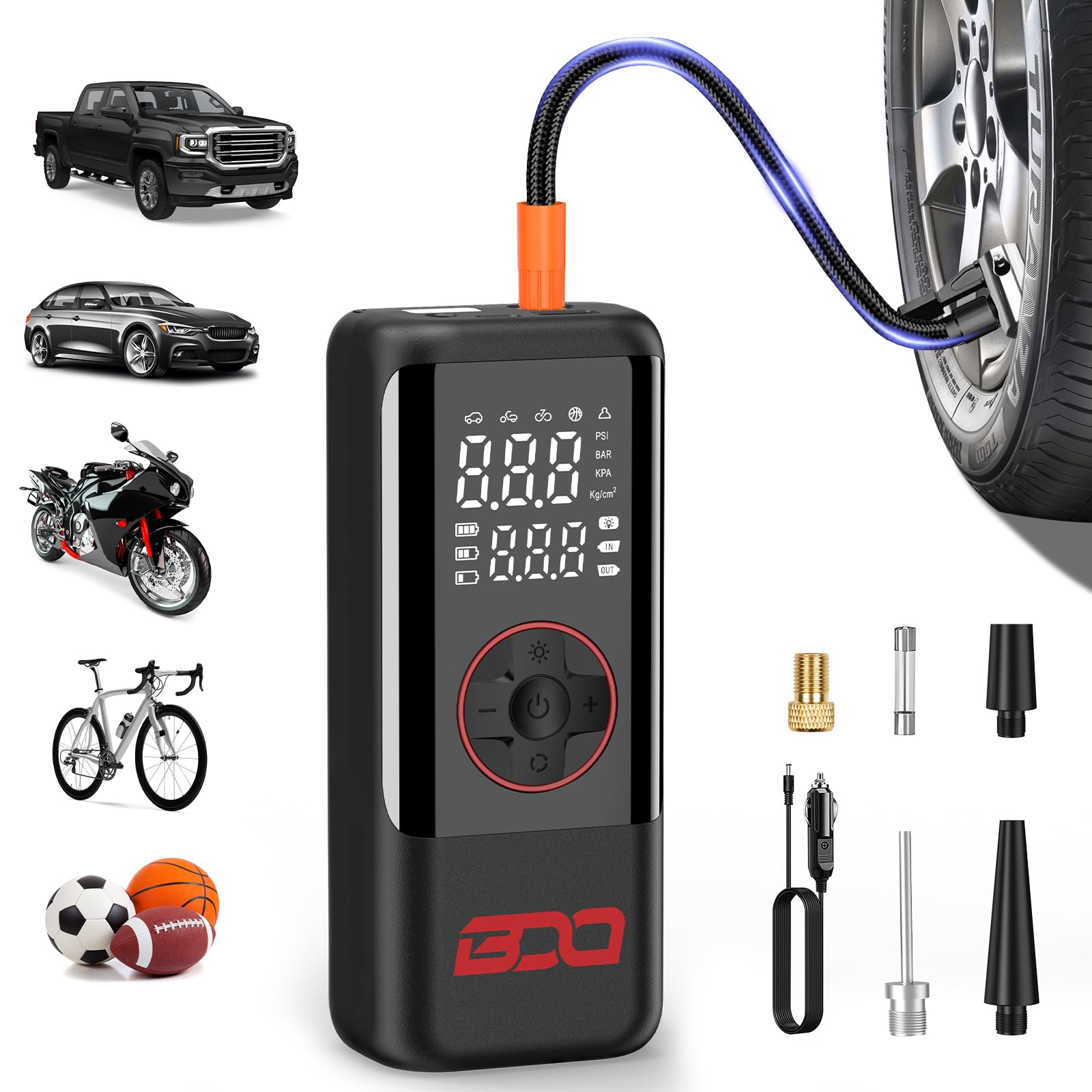 Photo 1 of BDO Tire Inflator Portable Air Compressor, 160PSI 12V Car Plug-In & CordlessTire Inflator,4X Faster, LCD Display,Auto Shutoff for Car Tires, Tire Pump for Motorcycle, E-Bike, Ball