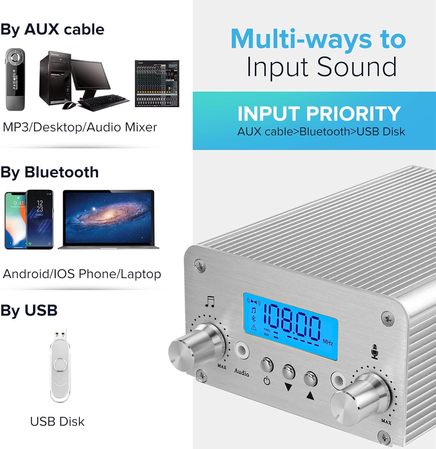 FM Transmitter for Church, APROTII 15W FM Broadcast Transmitter Long Range 1000m, Bluetooth MP3 Broadcast Radio Station 87~108MHz, FM Transmitter for Parking Lot Service, Outdoor Drive-in Movie: MP3 Players & Accessories