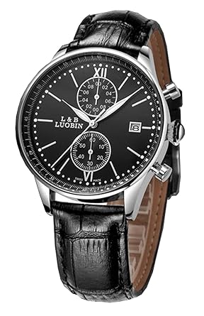 U&M Waterproof Black Dial Mens Quartz Wrist Watches Chronograph Sport Watches with Black Leather & Date