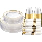 DaYammi 210PCS Clear Gold Plastic Dinnerware Set for 30 Guests, Fancy Disposable Plates for Party, Include: 30 Dinner Plates, 30 Dessert Plates, 30 Pre Rolled Napkins with Gold Silverware, 30 Cups