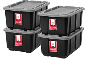 IRIS USA 27 Gallon Heavy Duty Truck Bed Toolbox Storage Tote Bins with Lids, 4 Pack - Made in USA, Tough Snap On Lockable Lid Stackable Industrial Tubs, Garage Organization Reusable Box - Gray