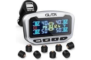 GUTA RV Tire Pressure Monitoring System, Trailer TPMS, 8 Sensors, 6 Alert Modes, Long Range Signal, CLA Charging & 2 USB-A Outputs, Adjustable LCD Display, Ideal for RV Truck Trailer Camper (0-188psi)