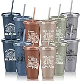 Sliner 12 Pcs Book Lovers Gifts 24 oz Book Club Themed Tumbler with Straw and Lid Reusable Bookish Gifts for Reader Themed Party Birthday library(Morandi)