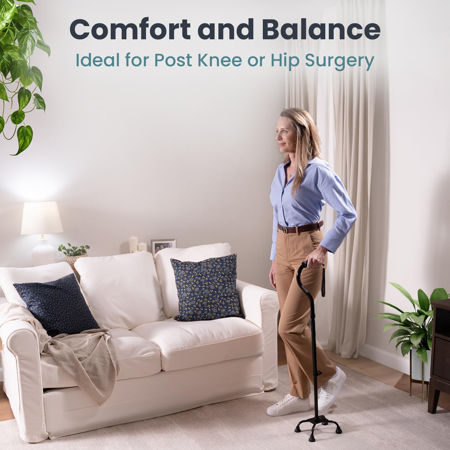 Quad Cane (300 lb) - Adjustable Walking Cane with A Large 4 Pronged Base for Extra Balance & Stability, Walking Canes for Seniors, Walking Cane for Men & Women, Walking Sticks