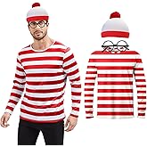 Gumyawl Adult Red and White Striped Shirt Men Funny Halloween Costumes Shirt Hat Socks and Glasses Suits