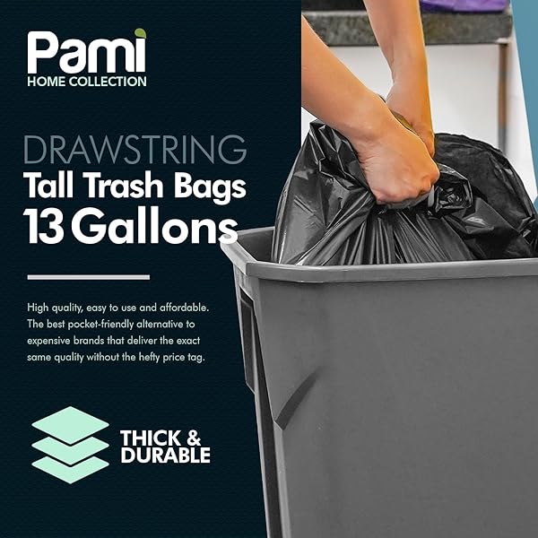 PAMI TALL 13-GALLON KITCHEN DRAWSTRING TRASH BAGS [80-PACK, BLACK] – EXTRA-STRONG PLASTIC GARBAGE BAGS- THICK TRASH CAN LINERS FOR KITCHEN, BATHROOM & OUTDOOR BINS- 2FT X2FT UNSCENTED TRASH BAGS