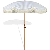Seazul 6.5ft Patio Umbrella with Fringe, Beach Umbrella, Fringe Umbrella Outdoor Patio with Hanging Hook, Tilting Aluminum Pole, UV 50+, Fiberglass Ribs, Blue White Stripe