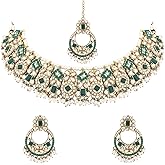 I Jewels Gold Plated Indian Wedding Bollywood Floral Kundan & Pearl Choker Necklace Jewellery Earrings & Maang tikka Set For Women (K7304G)