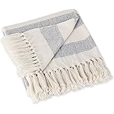 DII Rustic Farmhouse Cotton Cabana Striped Blanket Throw with Fringe, 50 x 60 - Cabana Striped Off-White with French Blue