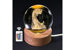 INTKI CRYSTAL 3D Tiger Crystal Ball Tiger Figurines in Crystal Ball 60mm Decor White Tiger Collectibles Snow Globes Gift Glass Sphere Home Decor with Wooden Light Base